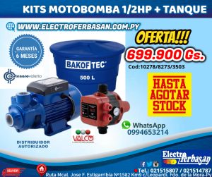 KITS MOTOBOMBA 1/2HP CON TANQUE BAKOF TEC 500LTS