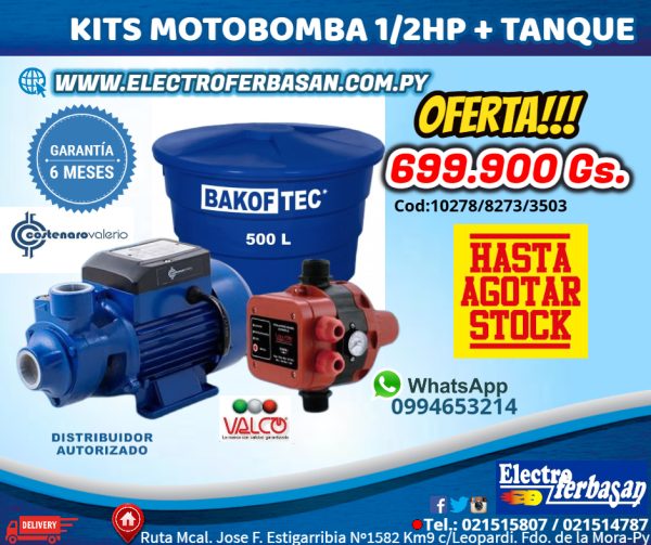 KITS MOTOBOMBA 1/2HP CON TANQUE BAKOF TEC 500LTS
