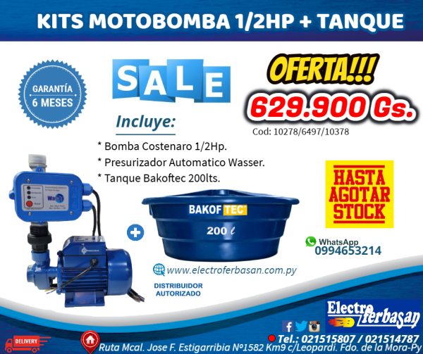 KITS MOTOBOMBA 1/2HP CON TANQUE BAKOF TEC 200LTS