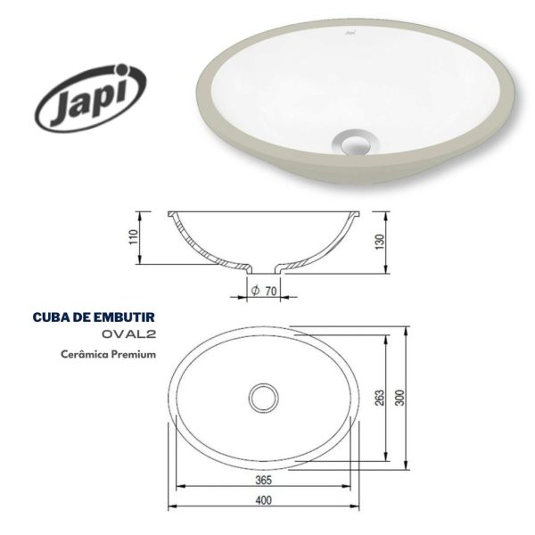 LAVATORIO JAPI OVALADO EMBUTIR 40X30CM XCE02 - Imagen 2